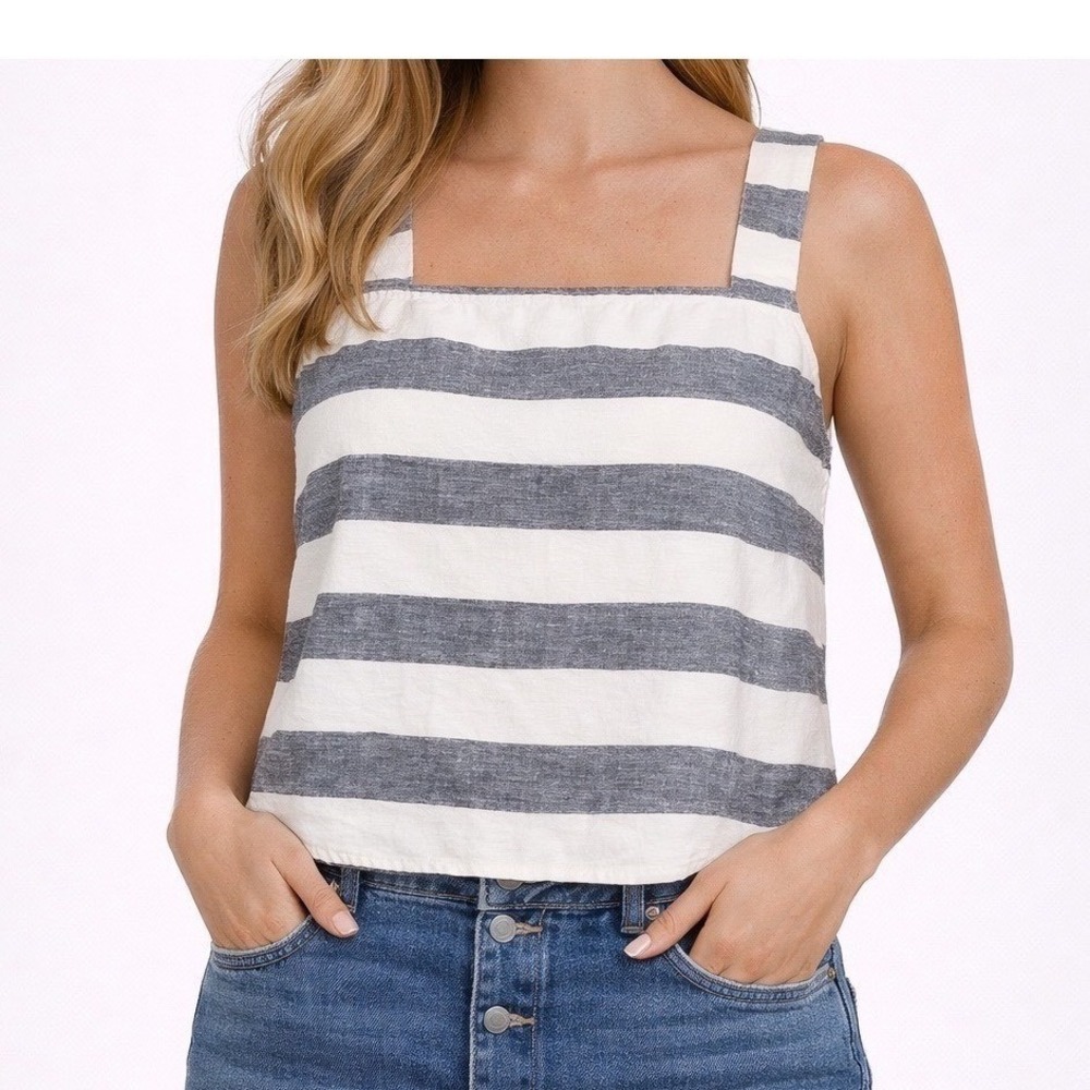 Cooperative 100% Cotton Square Neck Open Back Cropped Sleeveless Striped Top M‎